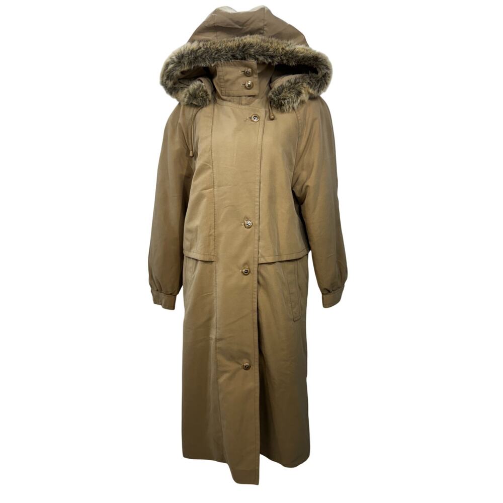 Vintage Camel Maxi Hooded Parka Fur Trim Insulated Winter Coat Made England XL